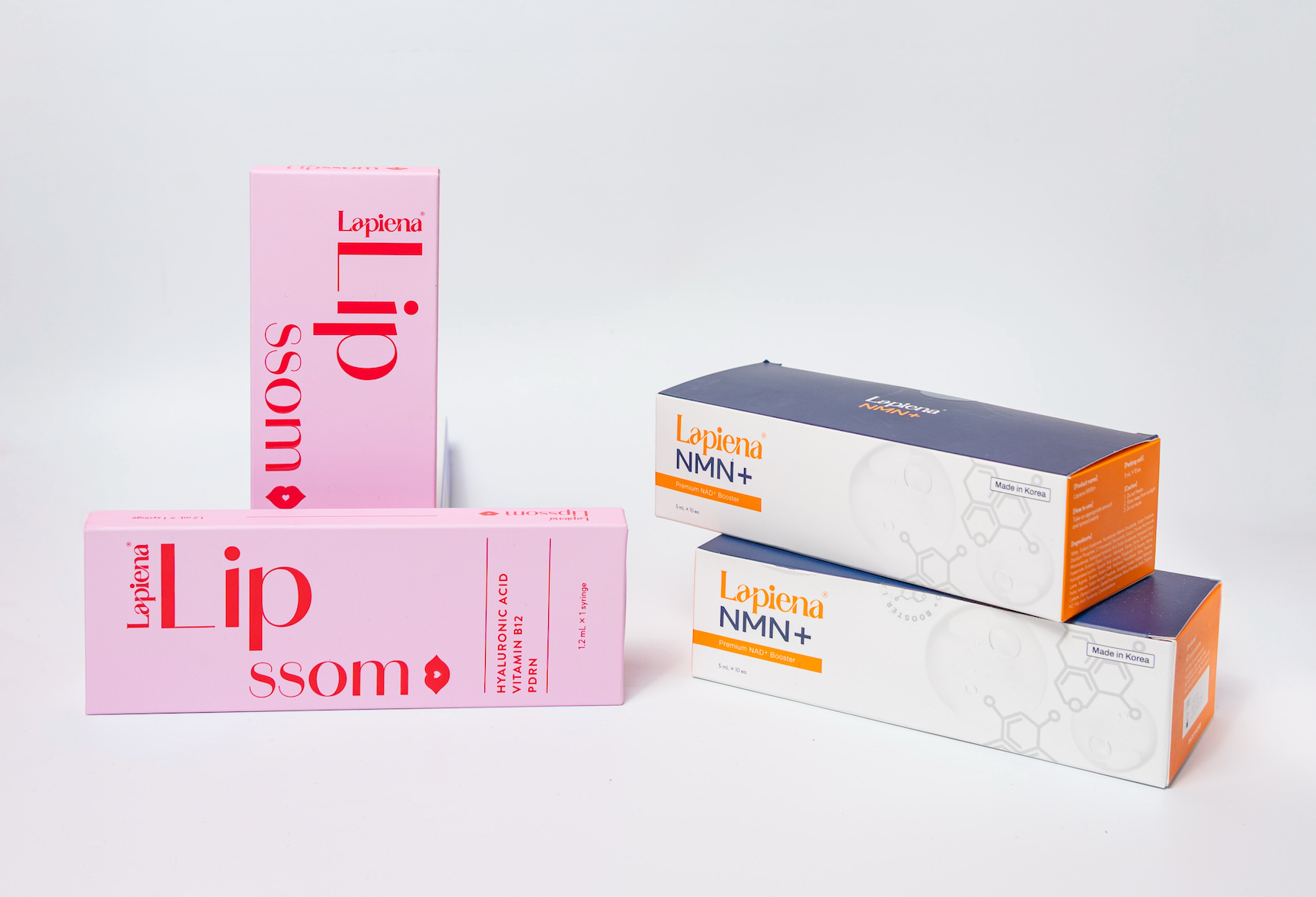 2 lapiena lipssom and lapiena NMN+ skin booster products on grey background