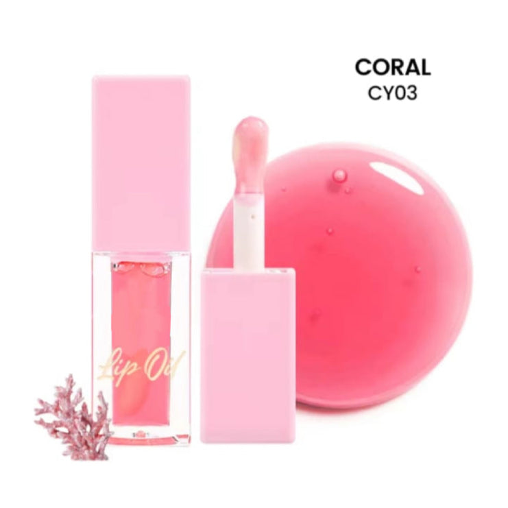 Pink lip oil with packaging and coral color swatch on a white background