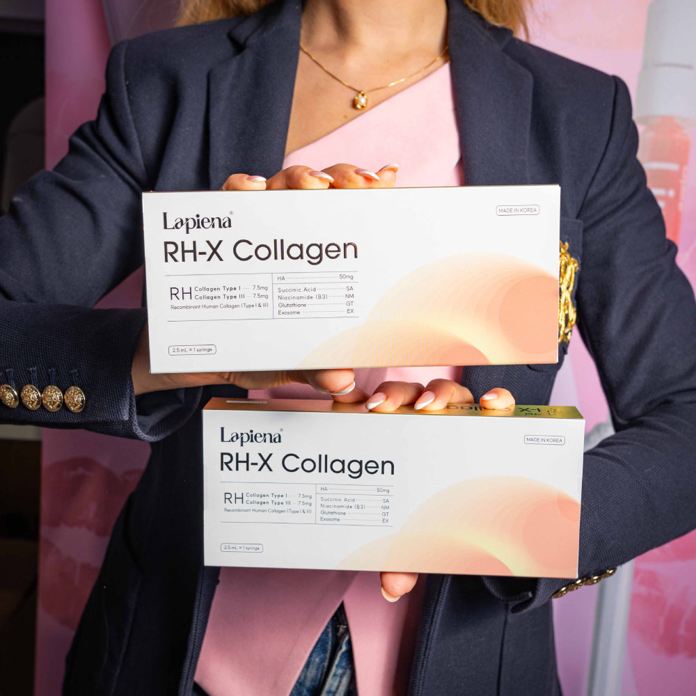Woman holding two boxes of of Lapiena RH-X Collagen Booster