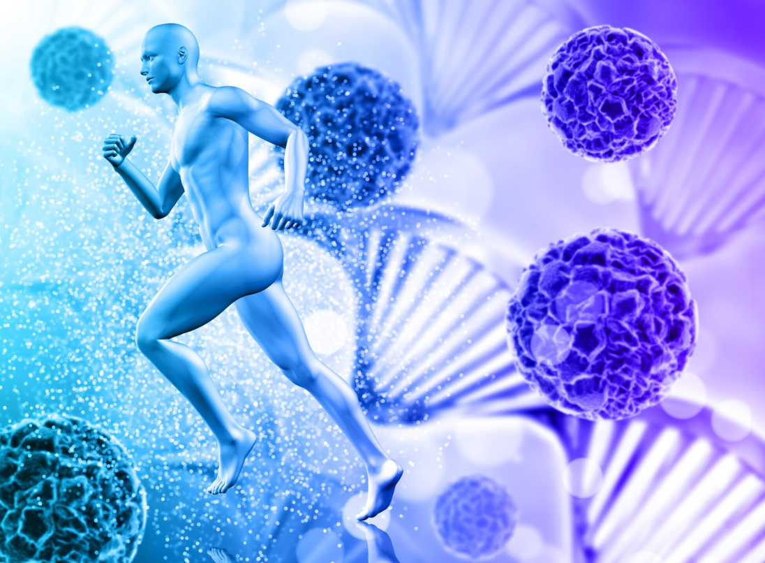 purple and blue ai image of a person running and molecules and dna background