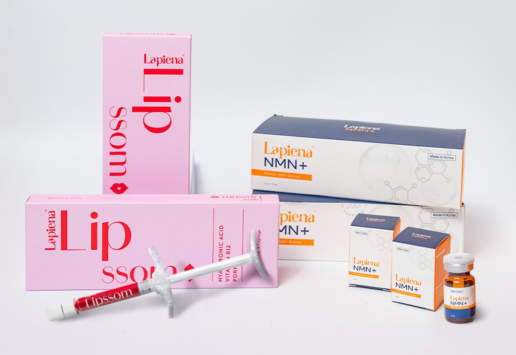 lapiena lipssom lip booster and lapiena NMN+ NAD+ skin booster on white background