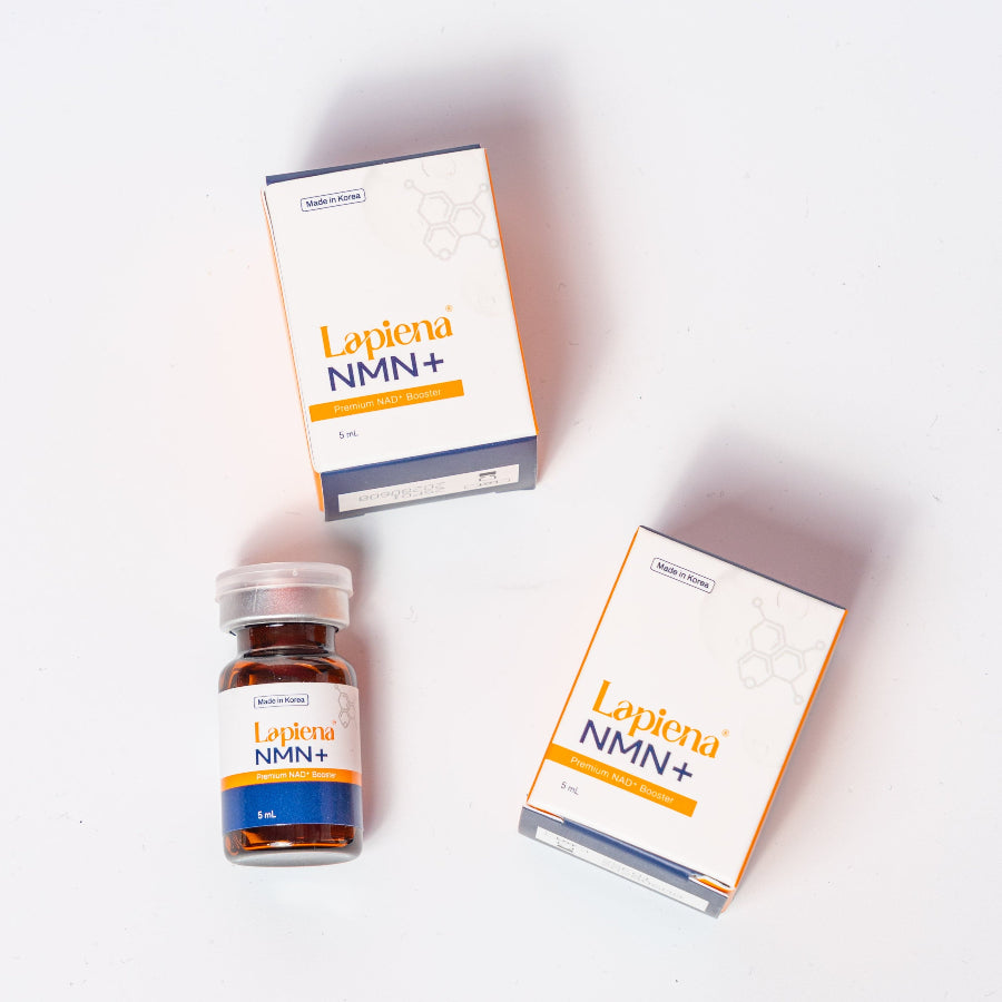Two boxes and a bottle labeled 'Lapiena NMN+' premium skin booster on a white background