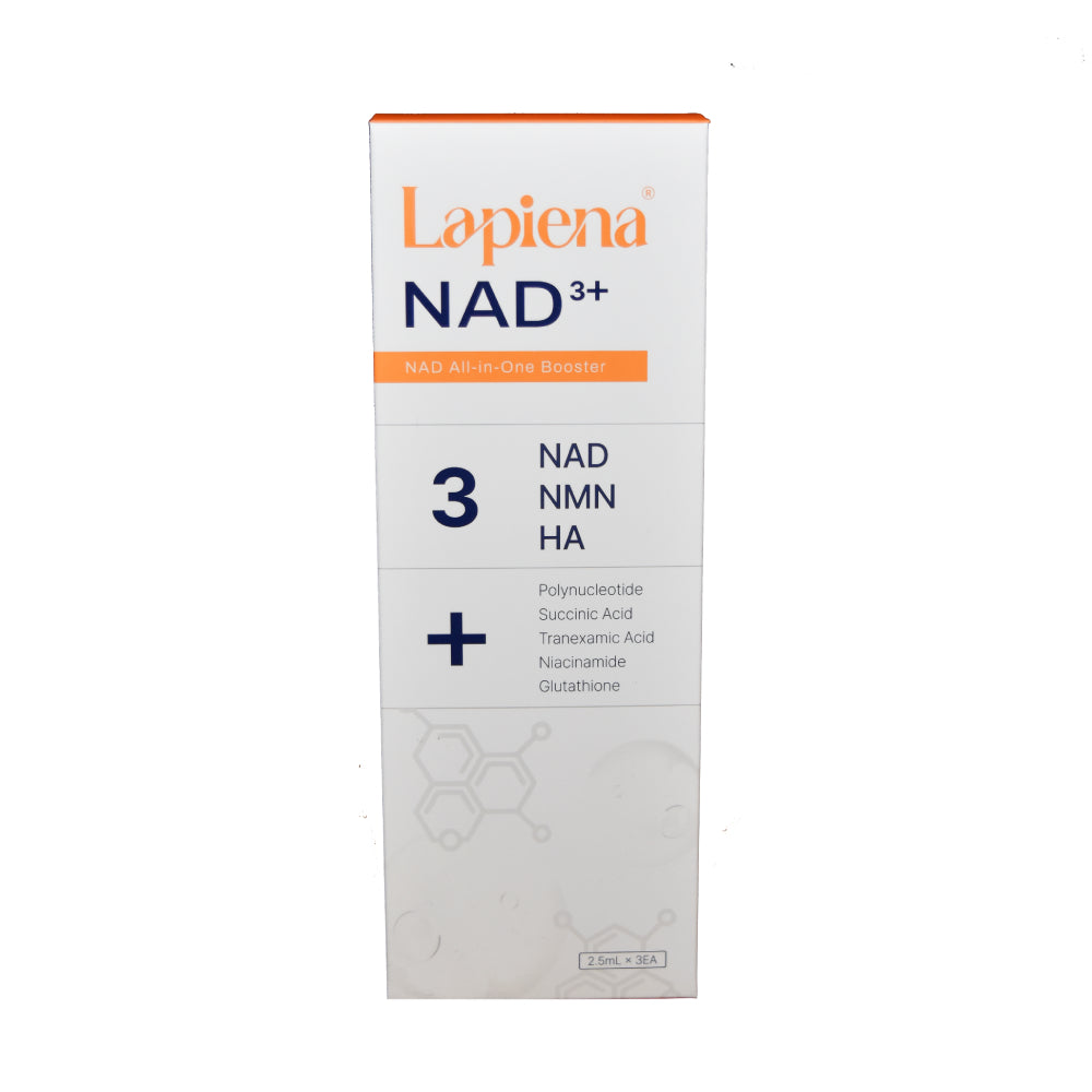 Lapiena NAD 3+ product package, whgite box with orange and navy blue text, NMN NAD HA skin booster