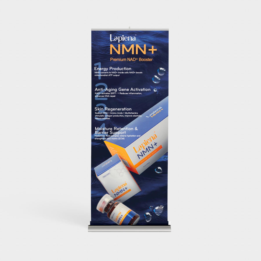Lapiena NMN+ product roll-up banner on a white background