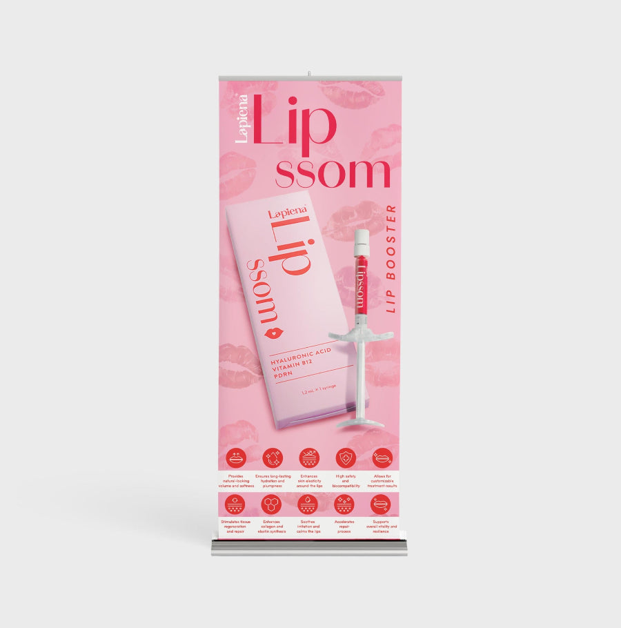 Lipssom Lip booster roller banner, lapiena lipssom branding on a pink background, marketing tool