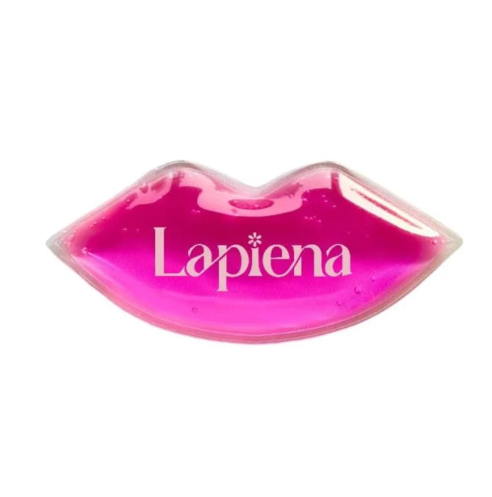 Pink lip-shaped cooling ice pack with 'Lapiena' branding on a white background
