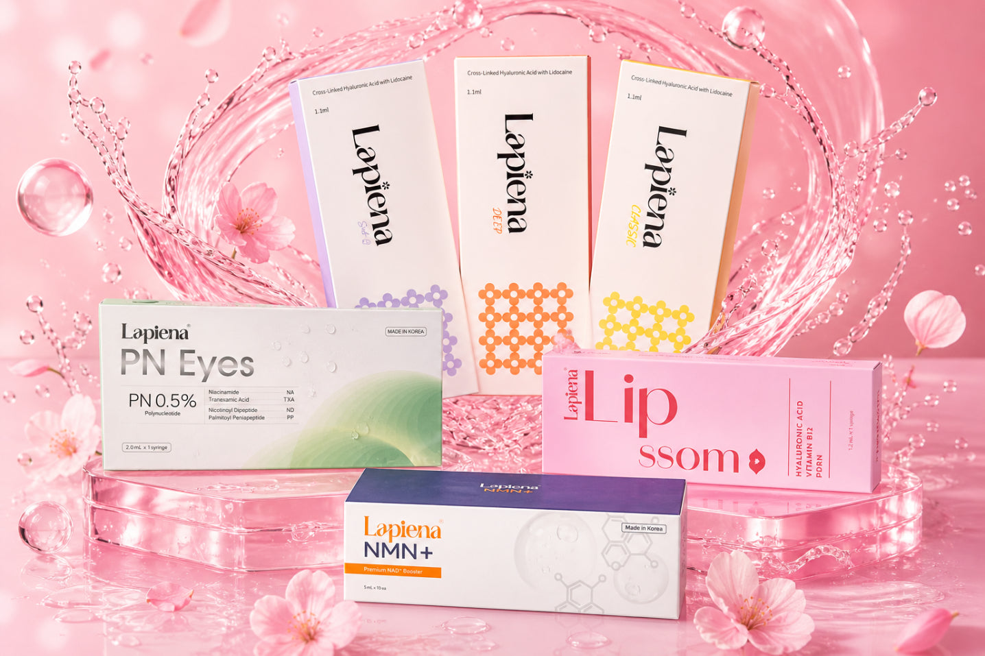 Collection of Lapiena aesthetic products on a pink background with floral elements