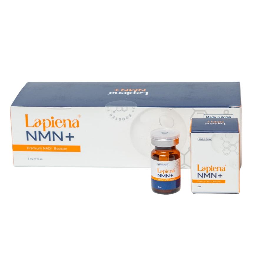 Lapiena NMN+ booster supplement bottle and packaging on a white background