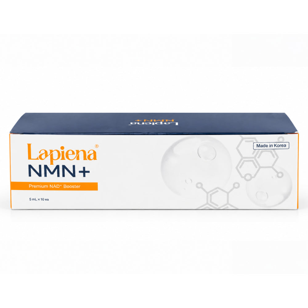 Lapiena NMN+ Premium NAD+ Booster skin booster in a rectangular white and navy blue box on a white background.