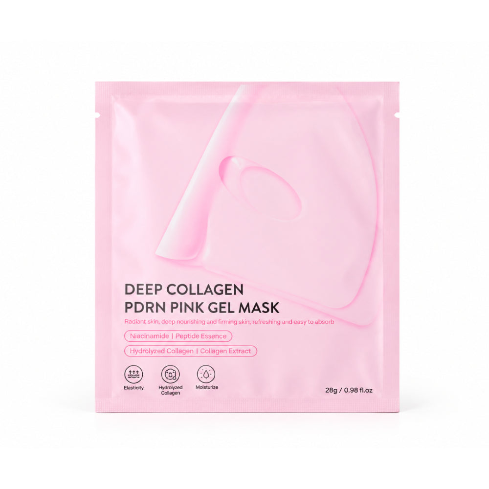 A single pink sachet of Deep Collagen PDRN Pink Gel Mask on a clean white background.