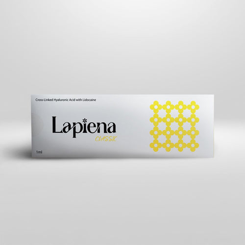 Lapiena Classic Dermal Filler, yellow and white box on grey background