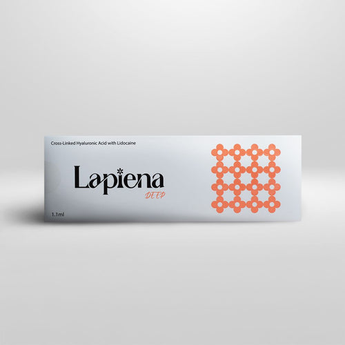 Lapiena Deep Dermal Filler, orange and white box on grey background