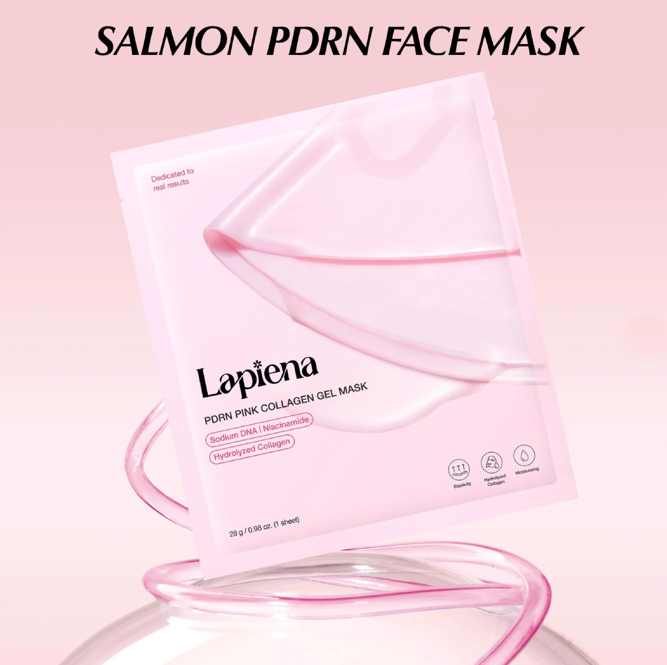 Pink salmon PDRN face mask with 'Lapiena' branding on a pink background