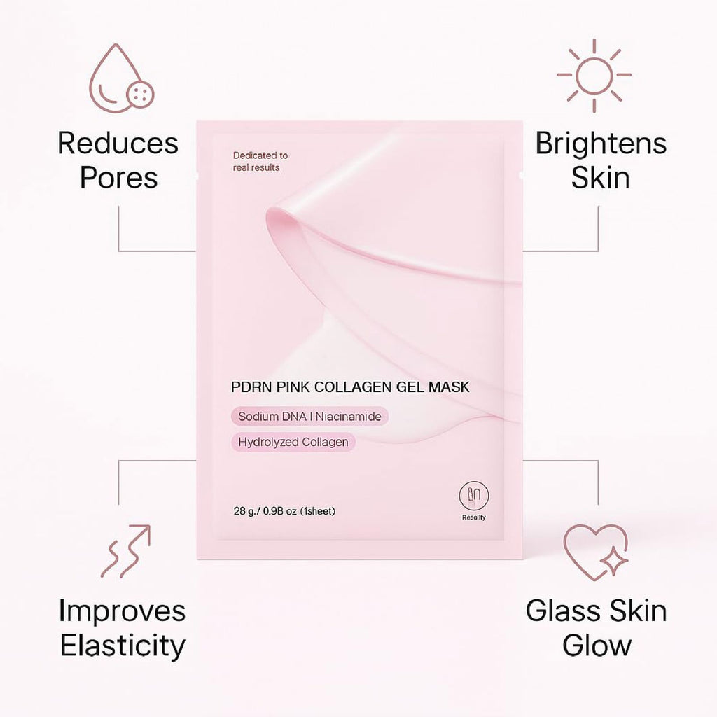 Pink collagen gel mask packaging with benefits listed on a white background