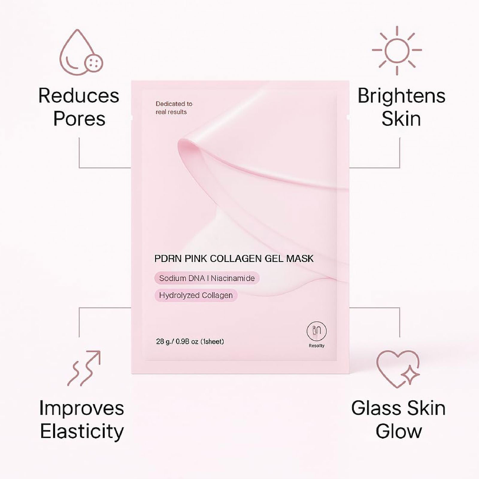 Pink collagen gel mask packaging with benefits listed on a white background