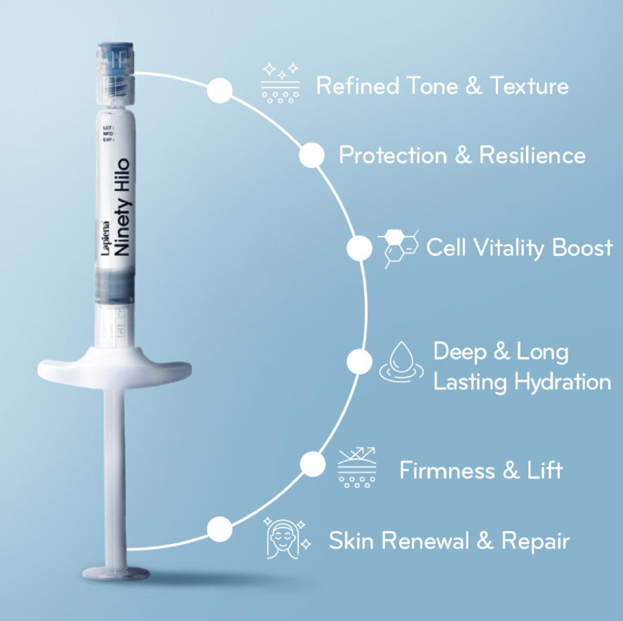Ninety Hilo skincare product with benefits on a light blue background