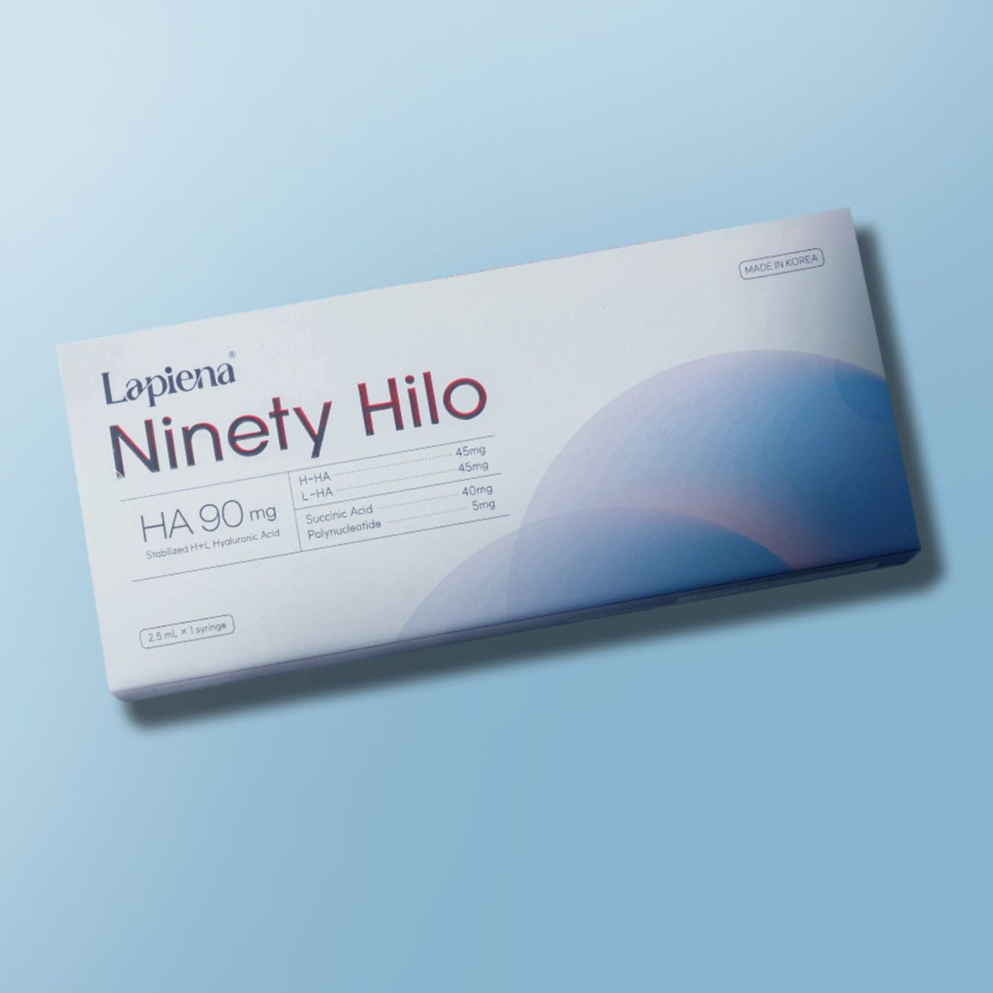 Box of Lapiena Ninety Hilo Premium Skin Booster on a light blue background