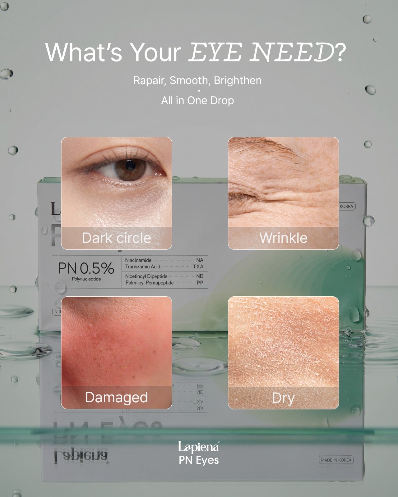 Lapiena PN Eyes product packaging with eye issues, repair smooth and brighten in one drop text, gray background