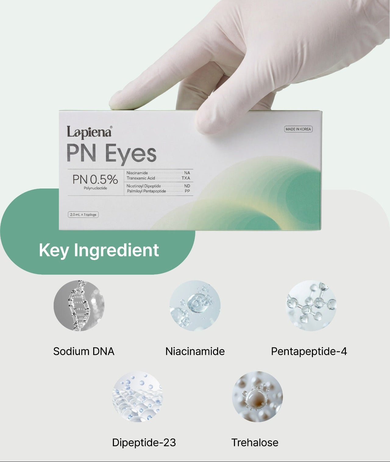 PN Eyes skin booster by lapiena product packaging with key ingredients displayed on a white background