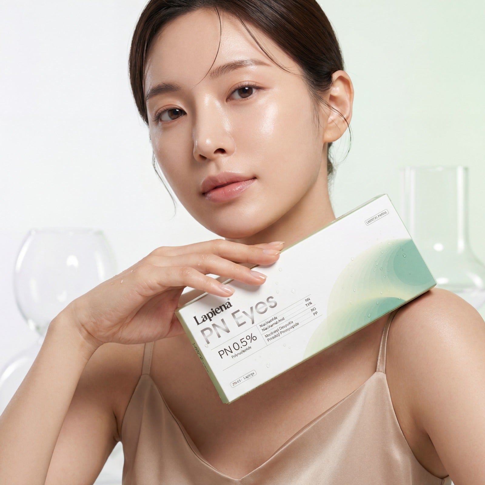Korean Woman holding a box of PN Eye Booster product by Lapiena against a white background