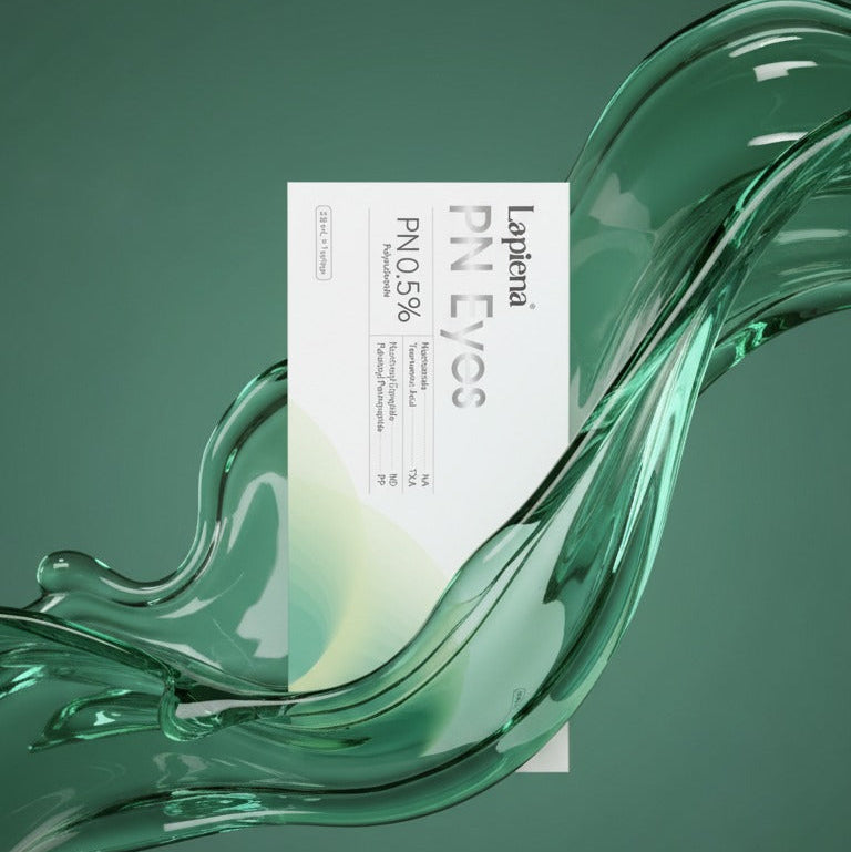 Box of Lapiena PN Eyes eye booster on a Green liquid background