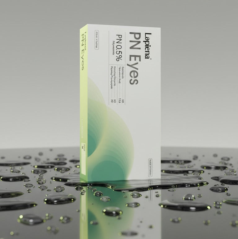 Box of Lapiena PN Eyes eye booster on a reflective surface with water droplets