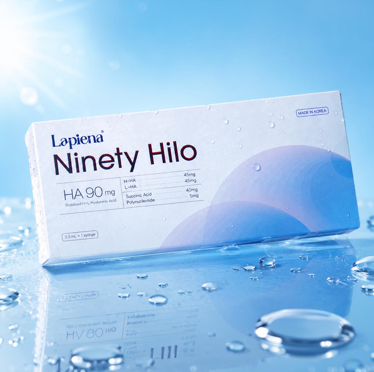 Skin Booster product box Ninety Hilo by Lapiena, blue and white ox on a blue background