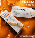 NAD3+ skin booster product packaging with syringe by Lapiena on an orange background