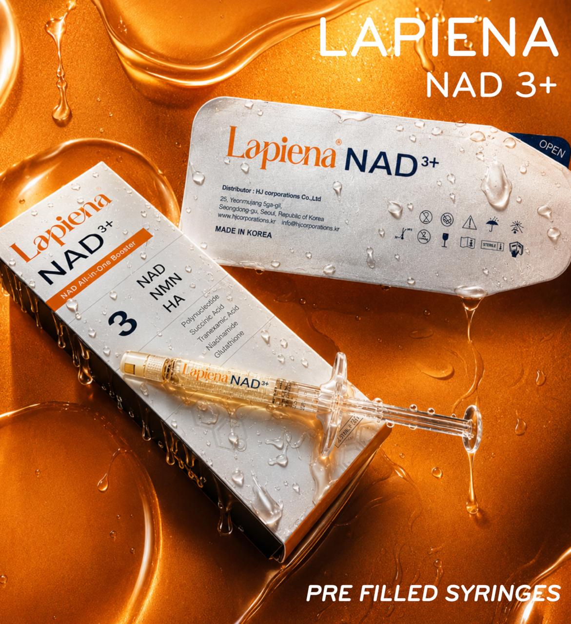 NAD3+ skin booster product packaging with syringe by Lapiena on an orange background