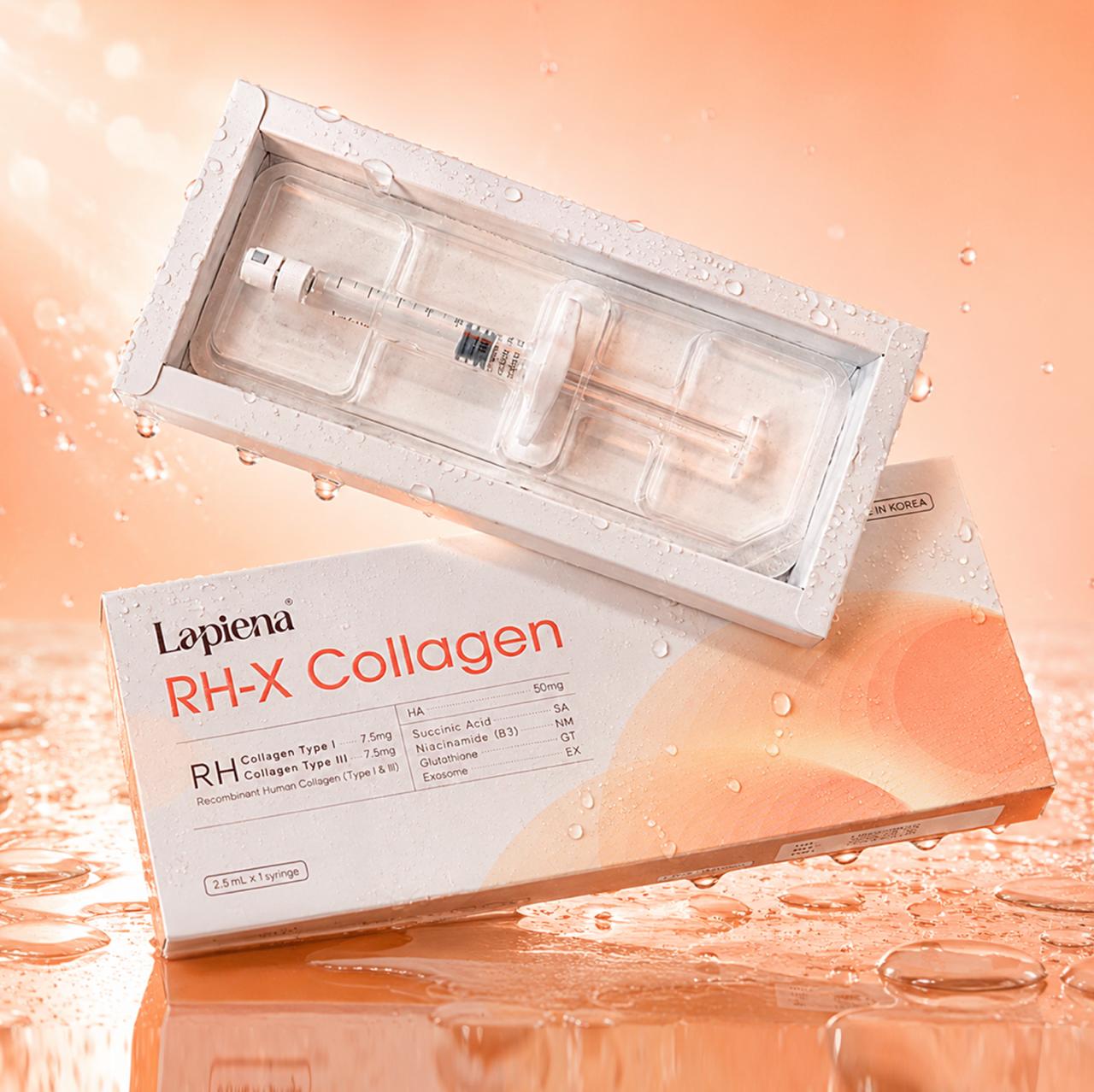 RH-X Collagen skin booster by lapiena, packaging with syringe on a reflective surface