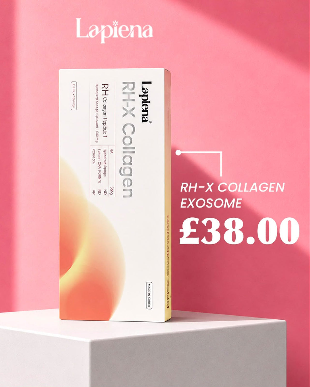A box of Lapiena Lapiena RH-X Collagen Exosome skincare packaging stands on a white pedestal against a pink background with soft shadows. White text on the image reads 'Lapiena' and 'RH-X COLLAGEN EXOSOME £38.