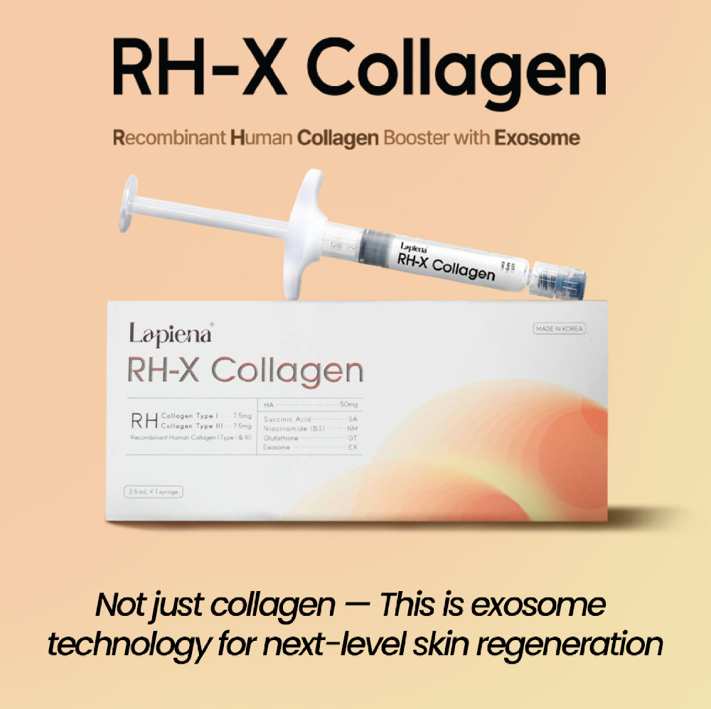 RH X Collagen Booster product open with syringe and information about the products benefits on orange background