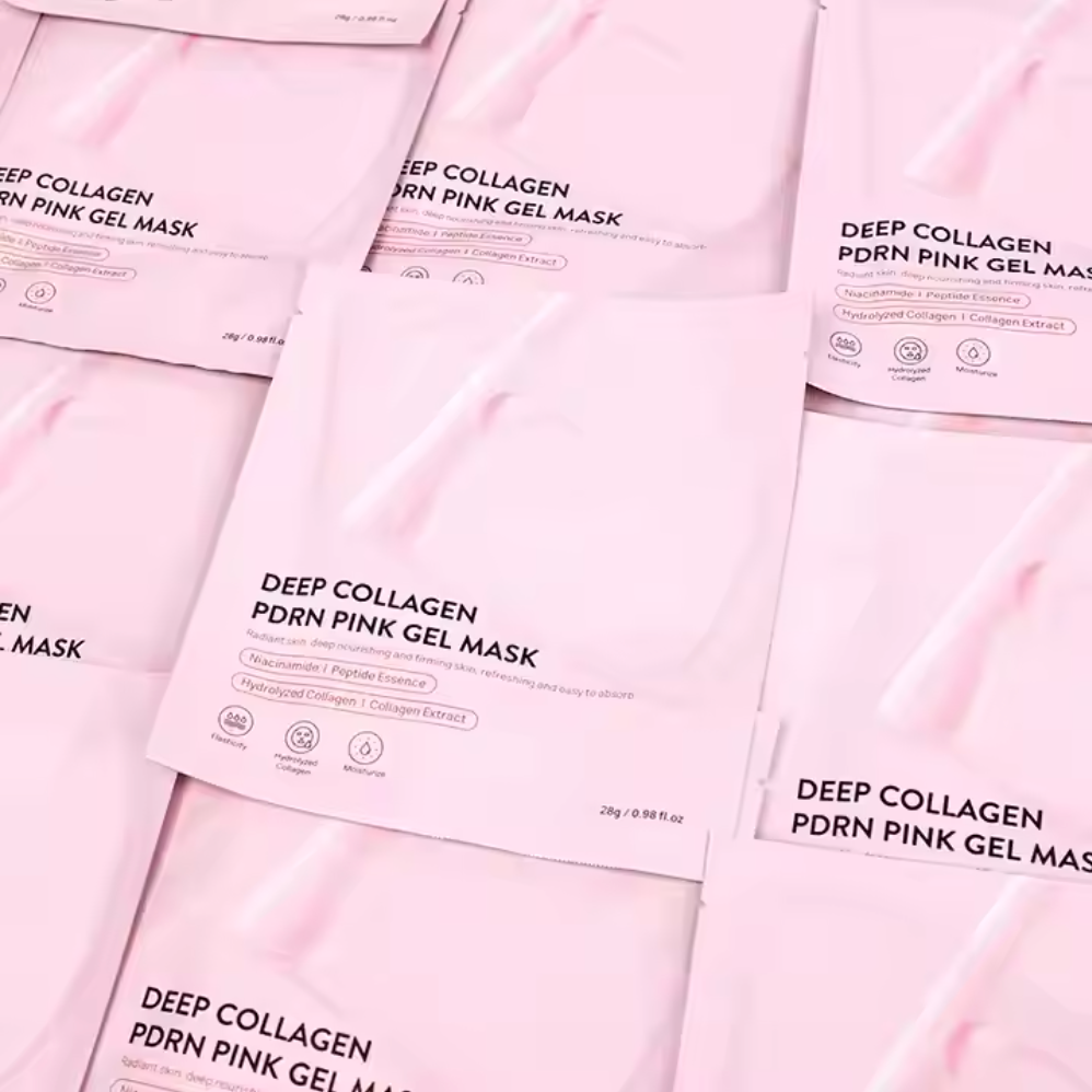 Multiple packages of Deep Collagen PDRN Pink Gel Mask on a light pink background