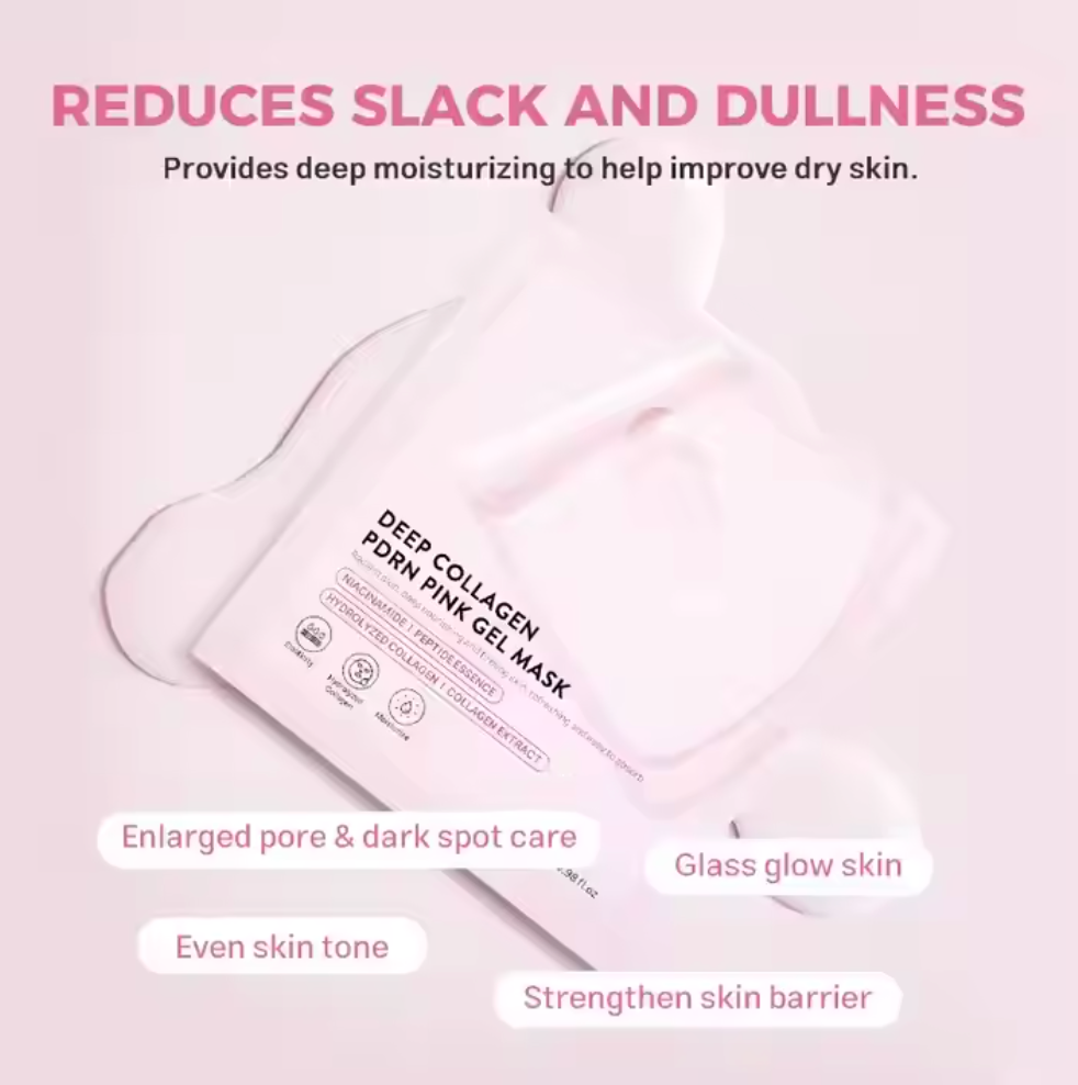 Pink collagen gel mask with text information on a pink background