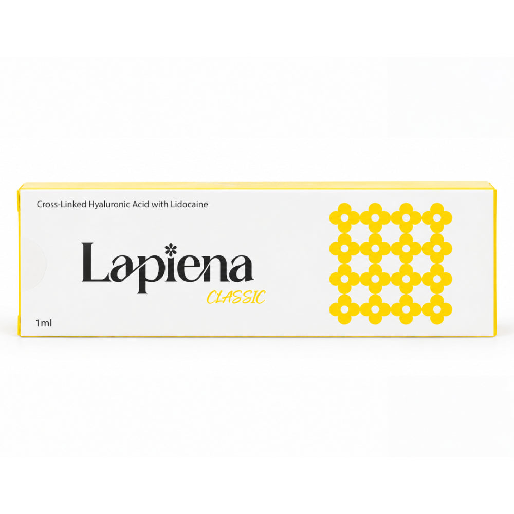Lapiena Classic 1ml box packaging, dermal filler, featuring a white box with a yellow border