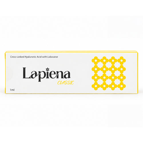 Lapiena Classic 1ml box packaging, dermal filler, featuring a white box with a yellow border