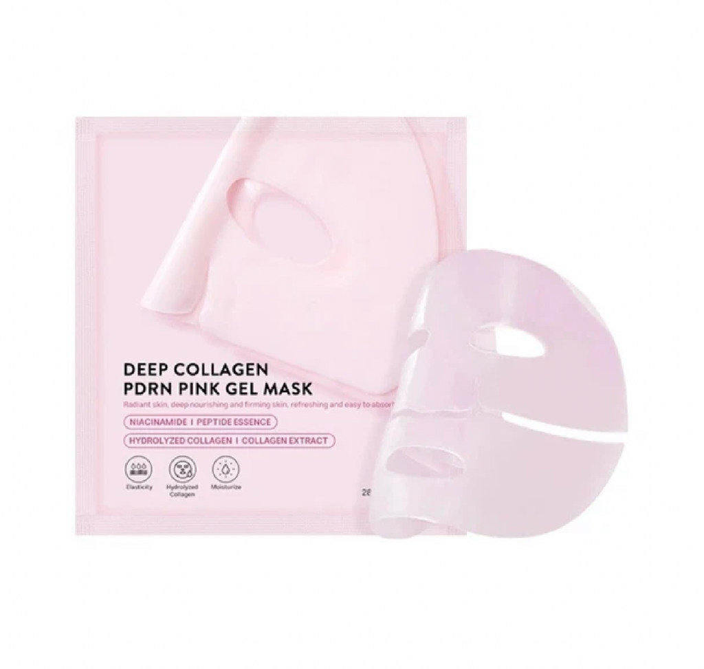 Deep collagen PDRN Pink Gel Mask on white background