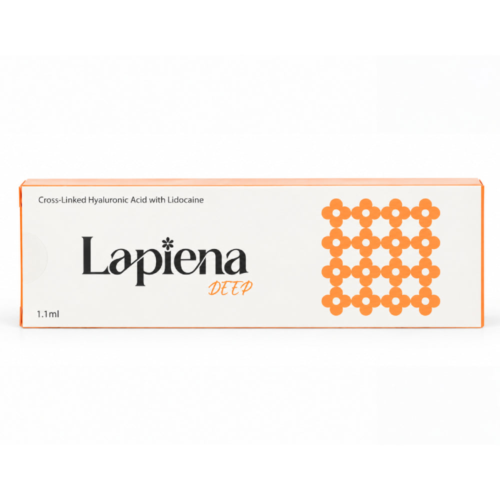 Lapiena Deep 1.1ml box packaging, dermal filler featuring an off-white background with orange borders