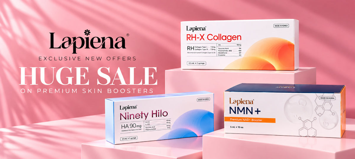 Lapiena Ninety Hilo, Lapiena RH-X Collagen, and Lapiena NMN+ skin booster products boxes arranged on pink background