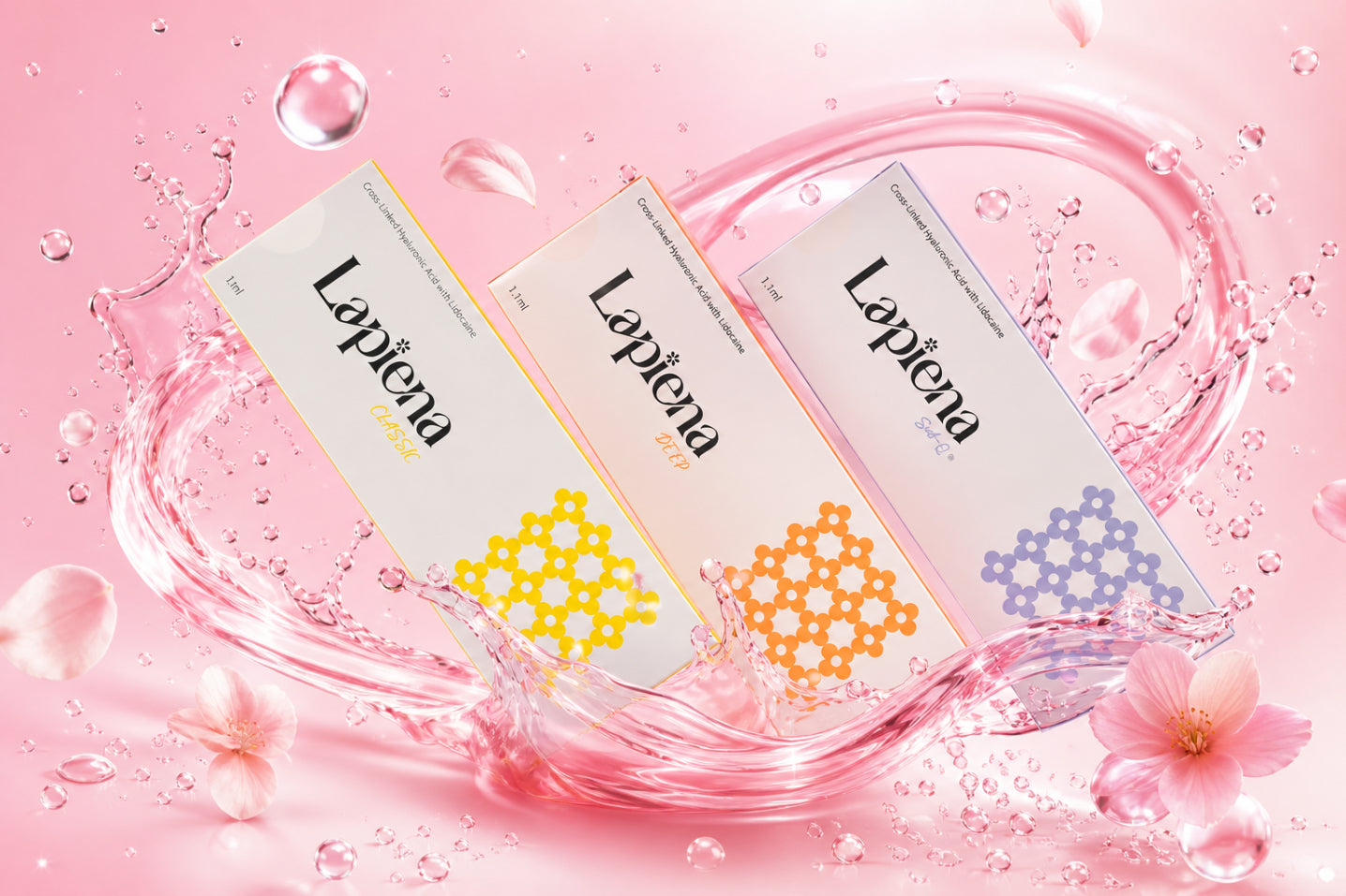 Three boxes of Lapiena dermal fillers on a pink background with water droplets and flowers.