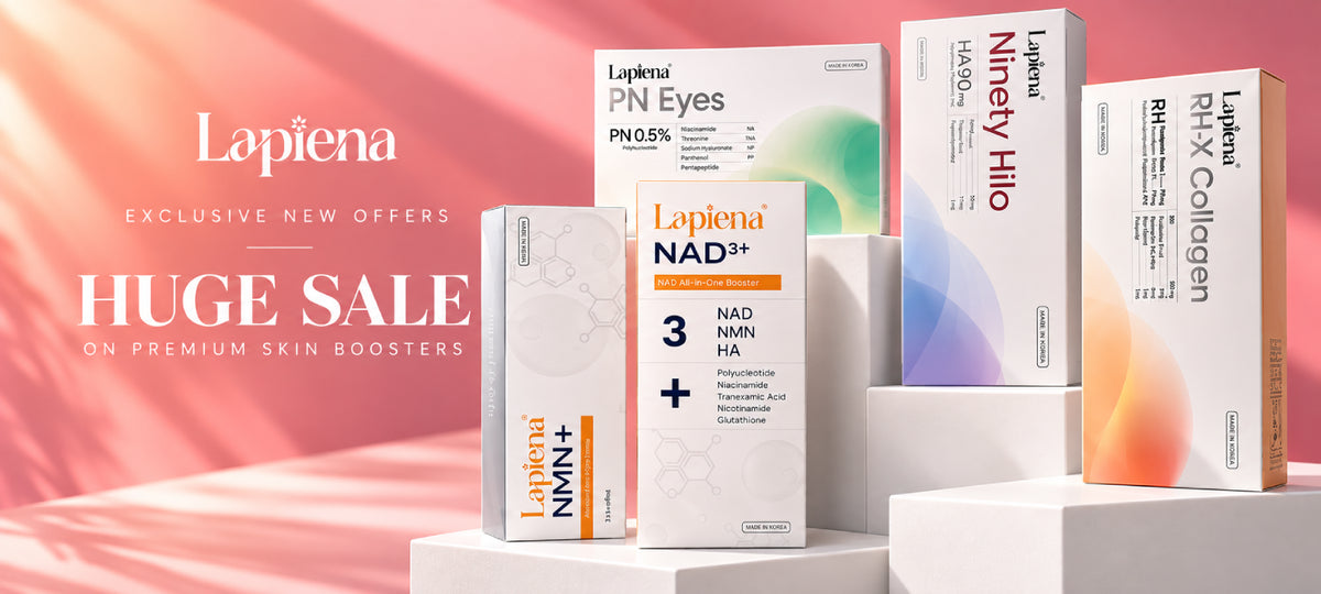 lapiena skin booster products displayed on stands with a pink background and white text huge sale on premium skin boosters