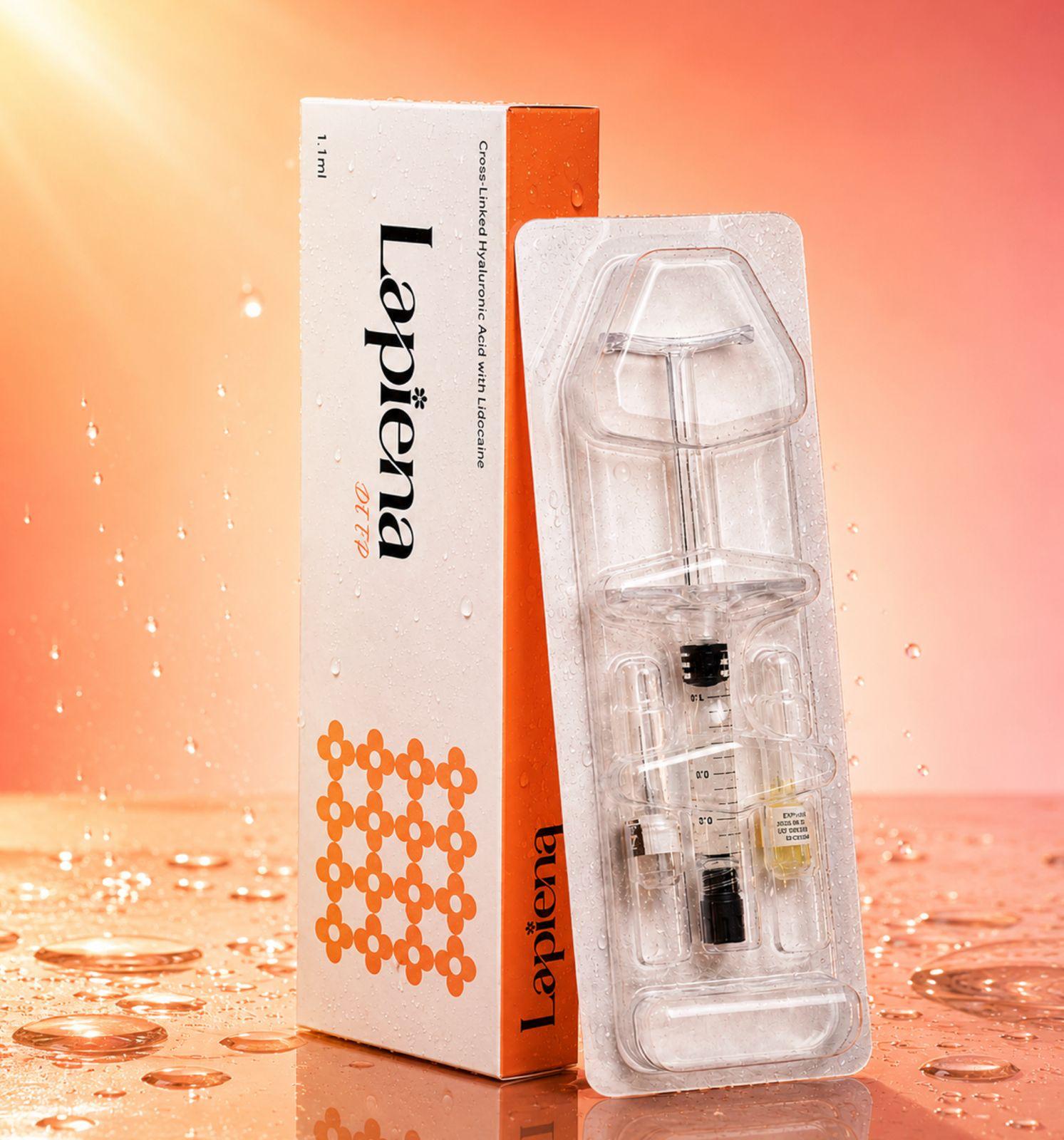 Lapiena Deep dermal filler packaging on a reflective orange gradient background