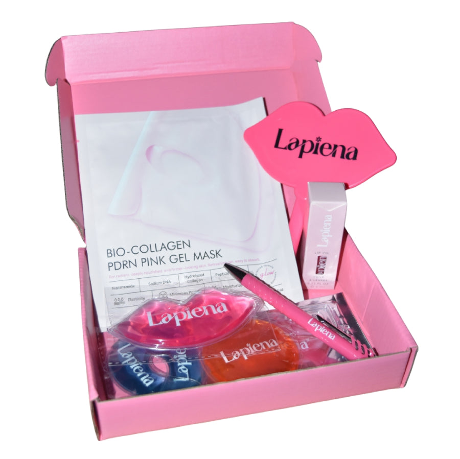 Pink Lapiena facial mask set with gel mask, pen, and other items in a box.