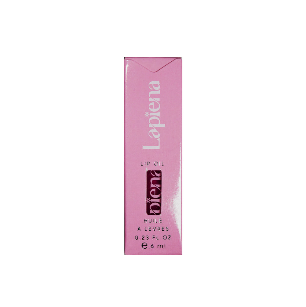 Pink lip oil with 'Lapiena' branding on a white background