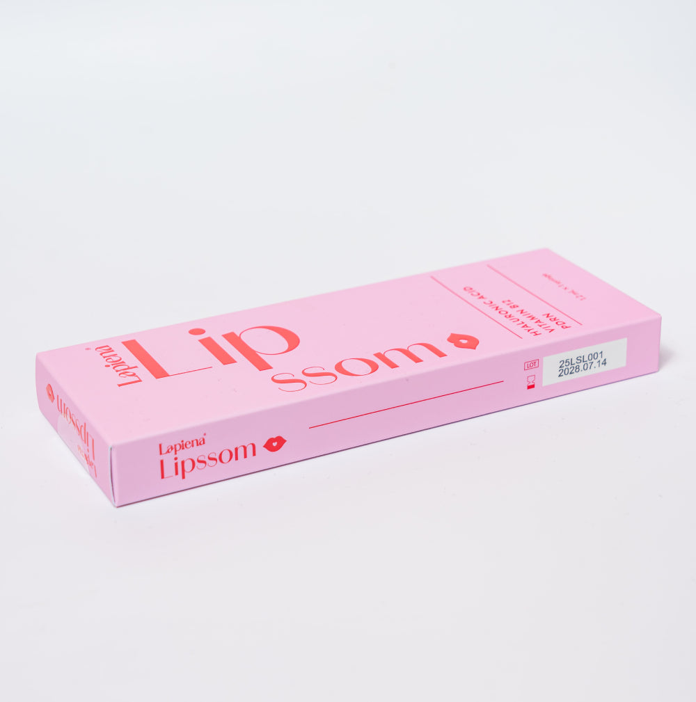 Pink box of Lipssom lip filler on a light gray background