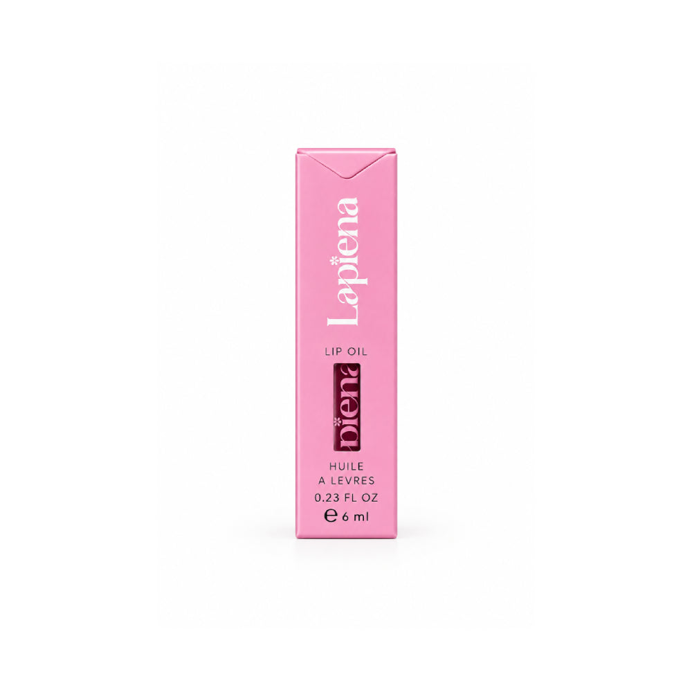 Pink lip oil with 'Lapiena' branding on a white background