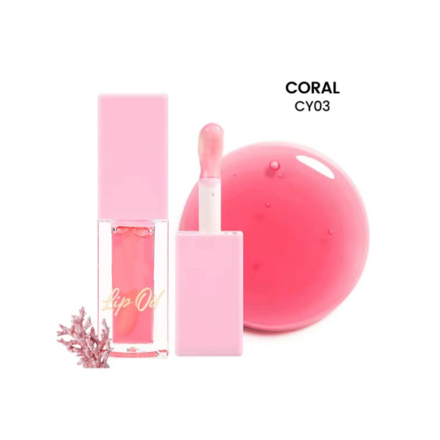 Pink lip oil with packaging and coral color swatch on a white background