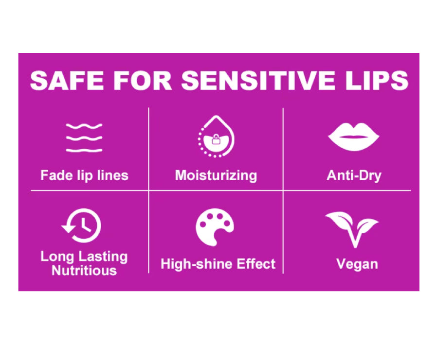 Purple label with lip care benefits of lip oil on a white background