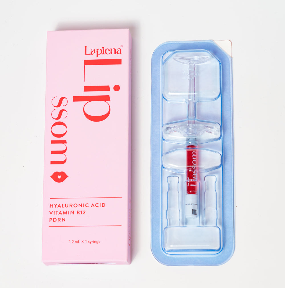 Lapiena Lip filler product packaging with pink box and blue applicator case on a white background
