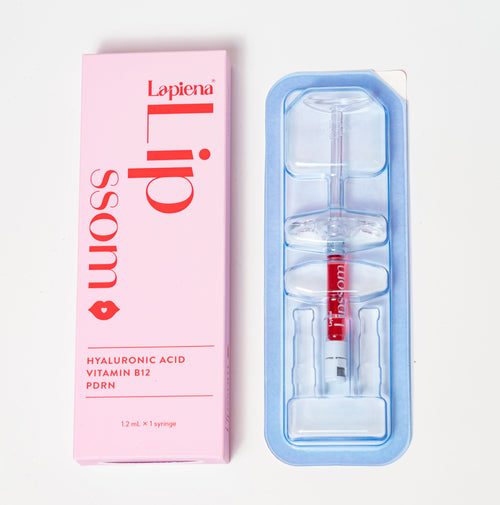 Lapiena Lip filler product packaging with pink box and blue applicator case on a white background